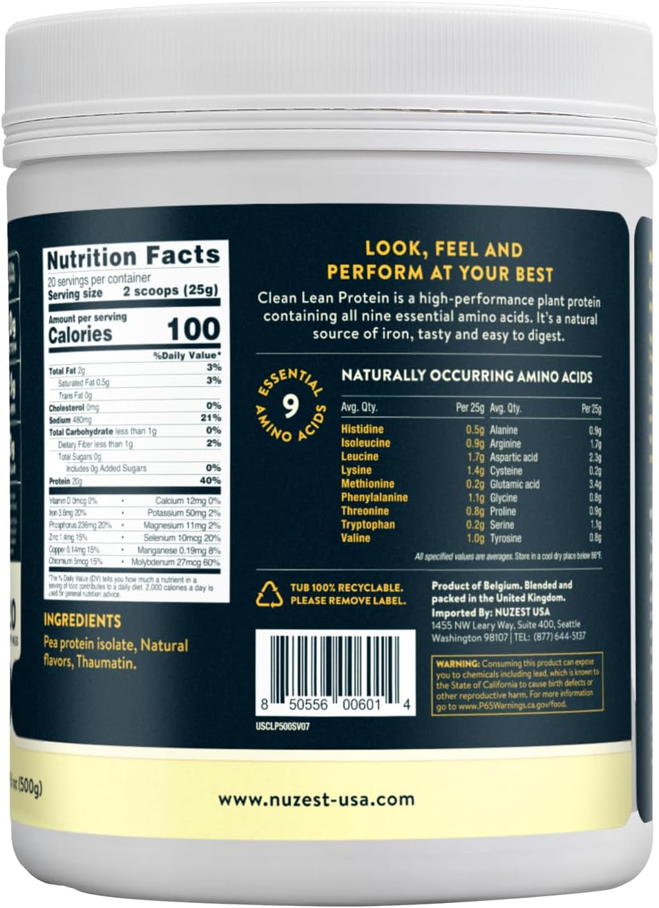 - Pea Protein Powder - Clean Lean Protein, Premium Vegan Plant Based, Dairy Free, Gluten Free, GMO Free, Naturally Sweetened Protein Shake, Smooth Vanilla, 20 Servings, 1.1 Lb