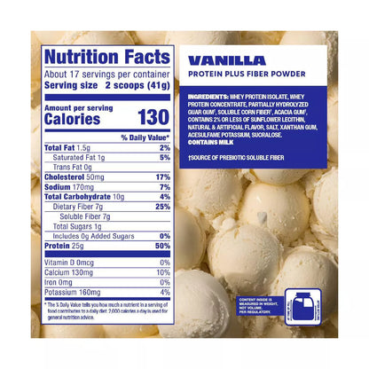 Premier Protein plus Fiber Powder - Vanilla - Whey Protein - 24.6Oz/17 Servings