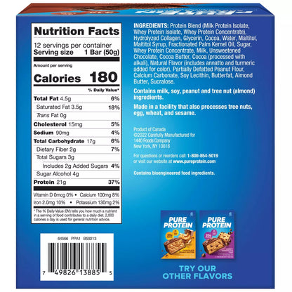 Pure Protein Chocolate Deluxe Whey Protein Isolate Bar - 21G Protein - 12Ct