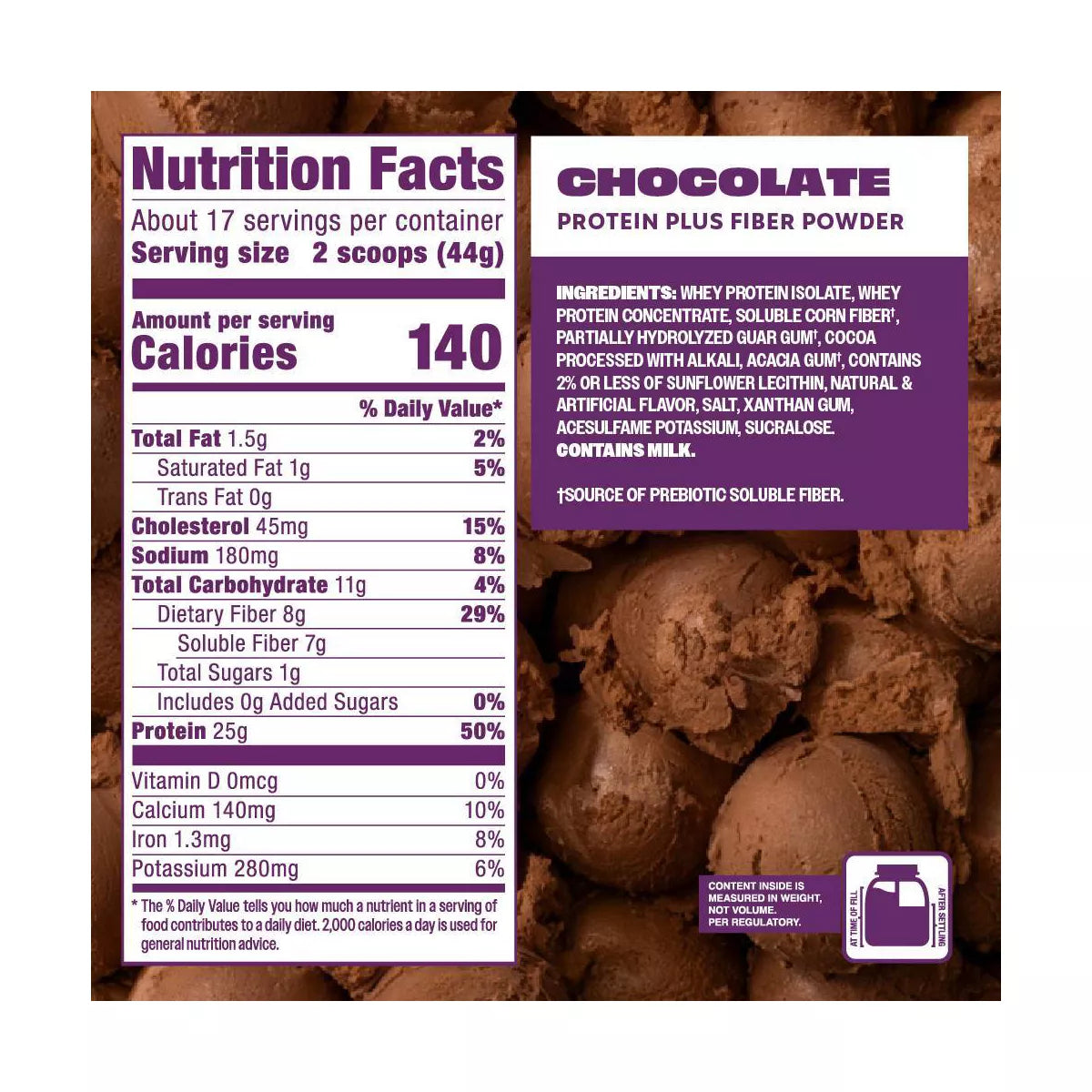 Premier Protein plus Fiber Powder - Chocolate - Whey Protein - 26.4Oz/17 Servings