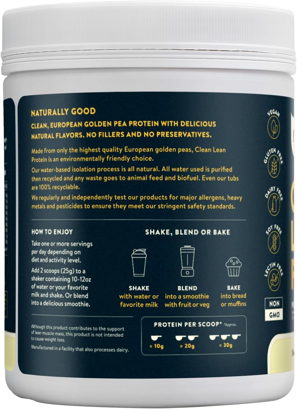 - Pea Protein Powder - Clean Lean Protein, Premium Vegan Plant Based, Dairy Free, Gluten Free, GMO Free, Naturally Sweetened Protein Shake, Smooth Vanilla, 20 Servings, 1.1 Lb
