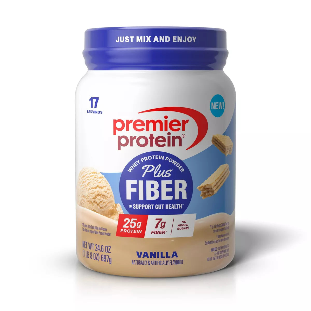 Premier Protein plus Fiber Powder - Vanilla - Whey Protein - 24.6Oz/17 Servings